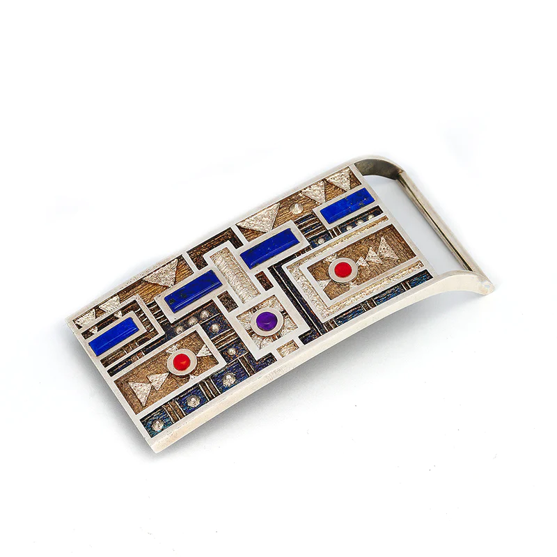 Ric Charlie tufa-cast sterling silver belt buckle with three Navajo Yei masks in lapis, coral and sugilite