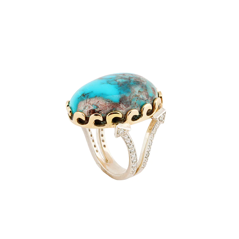 Bo Monongye sterling silver and gold ring with a large oval Bisbee turquoise and diamond-set shank