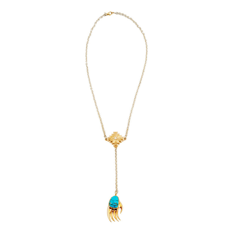 Bo Monongye silver and gold drop necklace with a diamond-set Navajo rug design and a gold bear paw with Morenci turquoise
