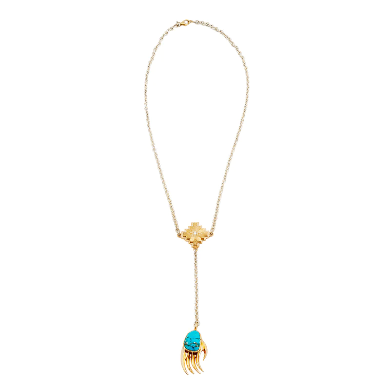 Bo Monongye silver and gold drop necklace with a diamond-set Navajo rug design and a gold bear paw with Morenci turquoise