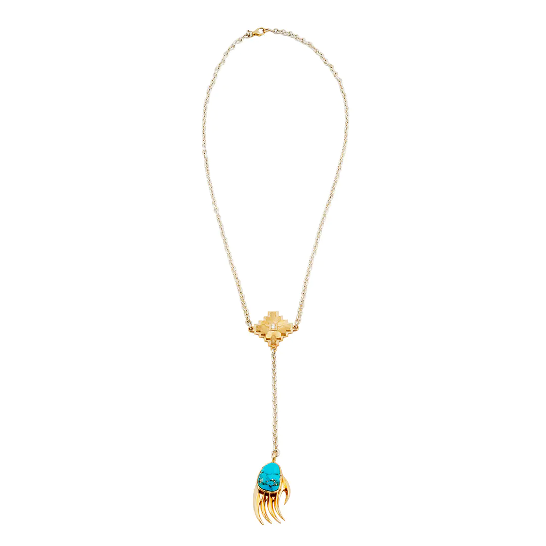 Bo Monongye silver and gold drop necklace with a diamond-set Navajo rug design and a gold bear paw with Morenci turquoise