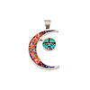 Carl and Irene Clark crescent moon pendant in micro-fine inlay with a round, domed turquoise Yei mask set inside the curve