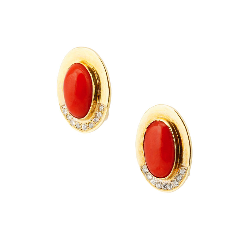 Dina Huntinghorse 18k gold coral and diamond earrings with oval red coral cabochons in polished gold frames above an arc of pavé diamonds