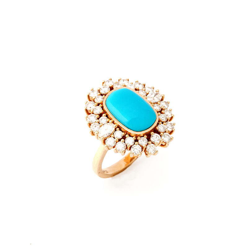Mia Zaara Hamdouni turquoise and diamond ring with a cushion-shaped Sleeping Beauty turquoise in a double halo of diamonds, 14k gold