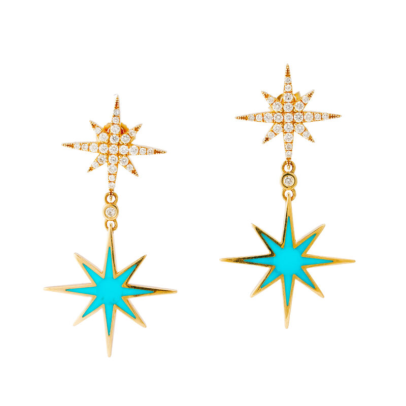 Mia Zaara Hamdouni 14k gold earrings with pavé diamond starbursts and gold stars inlaid with Sleeping Beauty turquoise