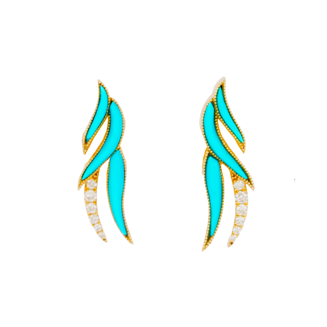 Mia Zaara Sirocco earrings with curving ribbons of Sleeping Beauty turquoise in 14k yellow gold and a row of diamonds