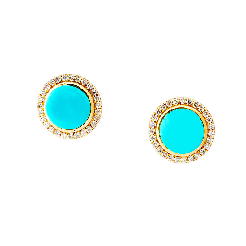 Mia Zaara Hamdouni 14k gold stud earrings with Sleeping Beauty turquoise cabochons in diamond halos