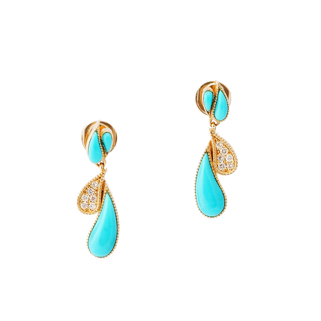 Mia Zaara Turquoise Rain earrings with Sleeping Beauty turquoise teardrops and small diamond-set gold drops in 14k yellow gold