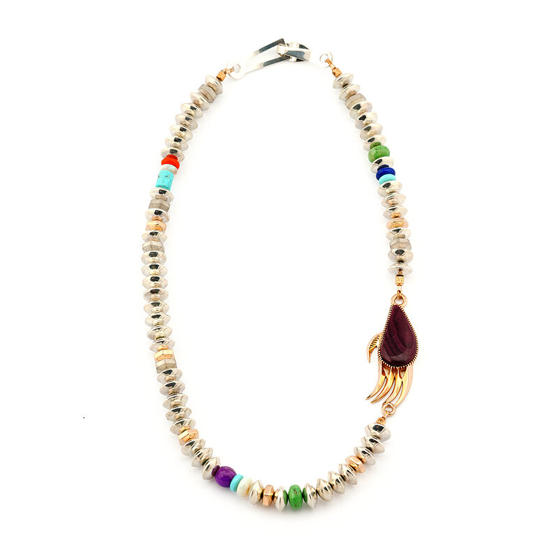 Bo Monongye sterling silver and 14k gold bead necklace with a gold and sugilite bear paw and turquoise, lapis and coral accents