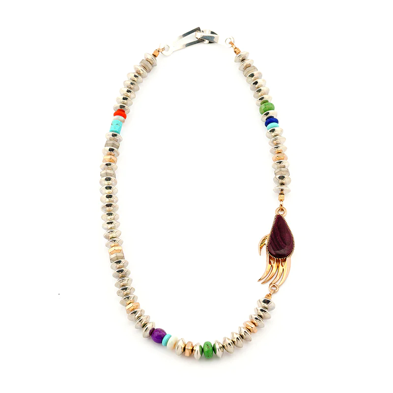 Bo Monongye sterling silver and 14k gold bead necklace with a gold and sugilite bear paw and turquoise, lapis and coral accents