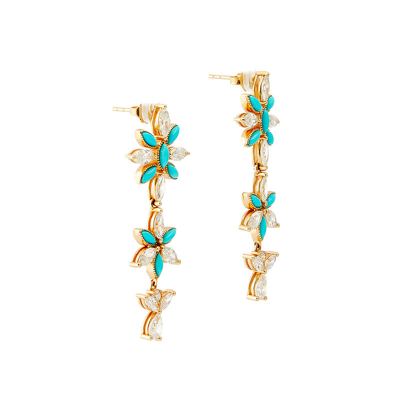 Mia Zaara 14k gold dangle earrings with blossoms of marquise Sleeping Beauty turquoise and diamonds ending in a pear-shaped diamond