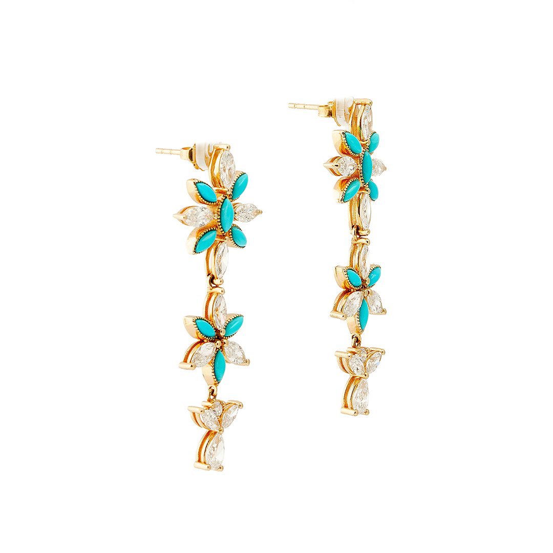 Mia Zaara 14k gold dangle earrings with blossoms of marquise Sleeping Beauty turquoise and diamonds ending in a pear-shaped diamond