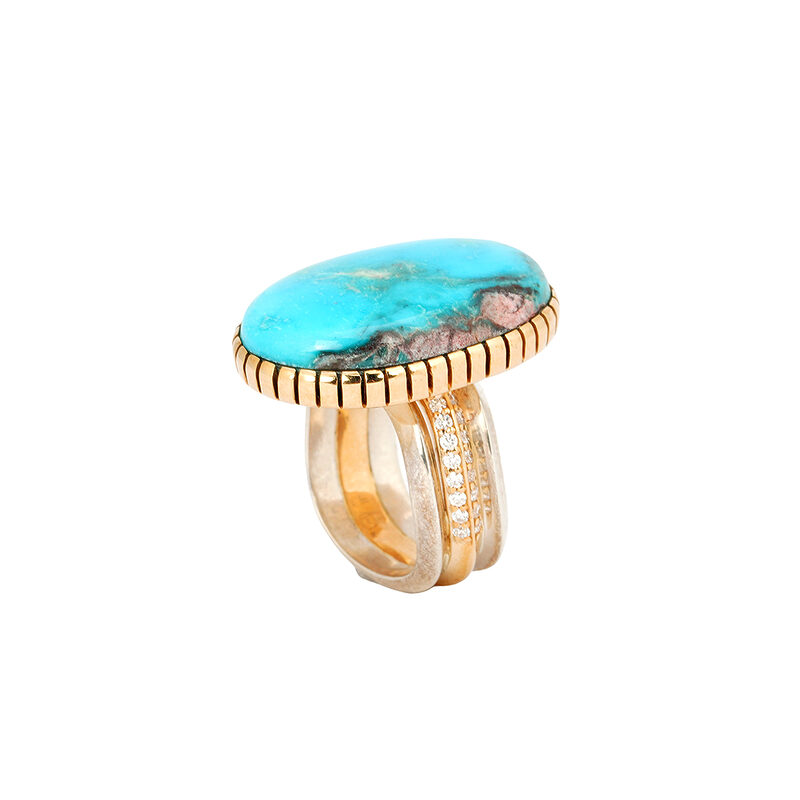Bo Monongye sterling silver and gold twist ring with a large oval Bisbee turquoise in a serrated gold bezel and a row of diamonds